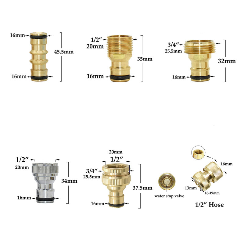 1/2'' 5/8" 3/4'' 1'' Brass Hose Quick Connector Water Stop Fitting Copper Thread Tap Coupling Garden Watering Gun Adapter