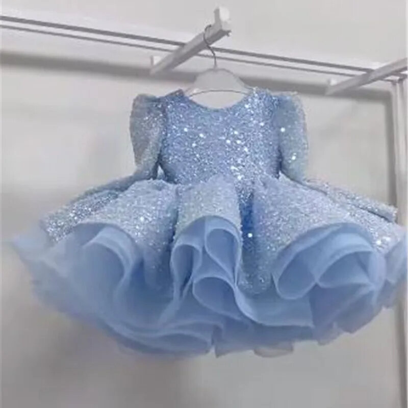 Gaun princess untuk bayi perempuan cantik gaun pertunjukan piano model pesta Satin Ruffle Puffy gaun penampilan piano anak perempuan umur 0-12 tahun