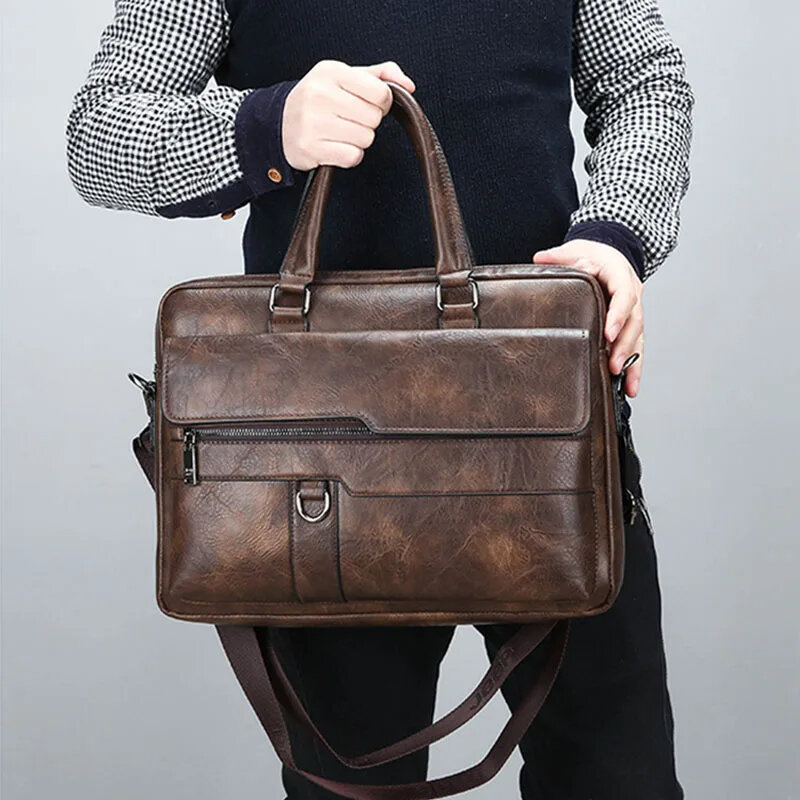 14 Inch Leather Briefcase Men's Business Office Laptop Handbags Leisure Large Shoulder Bag Male Brand Tote For A4 File XA882H