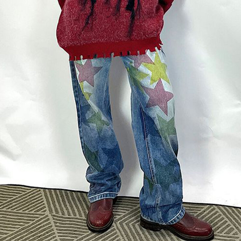 Джинсы мужские мешковатые, прямые брюки из денима со звездным принтом, уличные штаны в стиле хип-хоп с широкими штанинами, Повседневная Уличная одежда в стиле Харадзюку для скейтборда