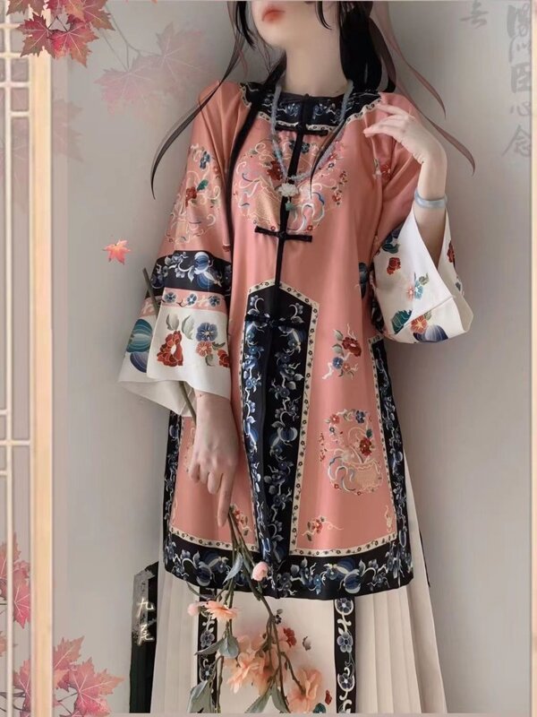 Holloween kostum Cina Hanfu kuda wajah rok + merah muda biru leher bulat Hanfu jubah Top Gaun Asia untuk wanita tradisional