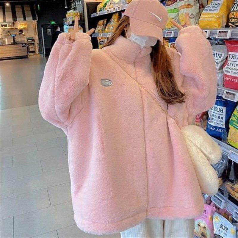 Korean Fashion Solid Color Thickening Pink Jacket Autumn Winter Stand Collar Zipper Faux Fur Coats For Women Simple Casual Tops