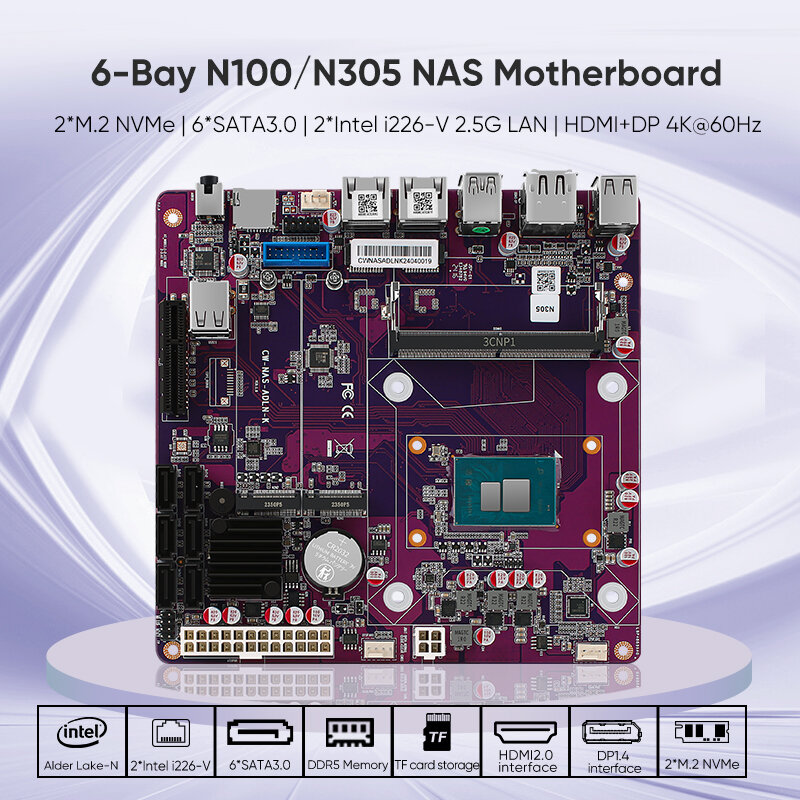 Topton Mini ITX NAS Motherboard 6-Bay i3-N305 N100 1 * PCIEx4 2 * Intel i226-V 2.5G 2 * M.2 NVMe 6 * SATA3.0 1 * DDR5 Router Firewall