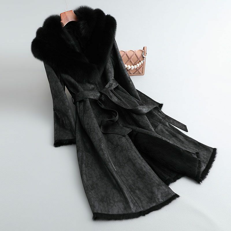統合された女性のための本革のウサギの毛皮のコート,長い膝のコート,大きなキツネの毛皮の襟,スリムフィット,新しい2023