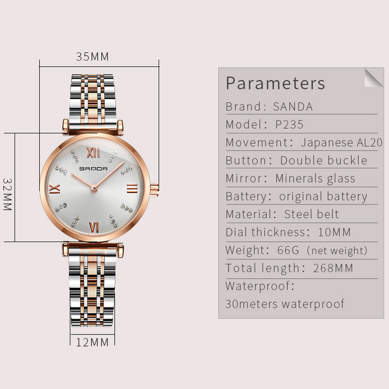 ساعة يد كوارتز نسائية من Sanda ، أنيقة وكلاسيكية ، عصرية ، مصنوعة من الفولاذ المقاوم للصدأ ، مع قرص مستدير ، غلاف معدني ، p235