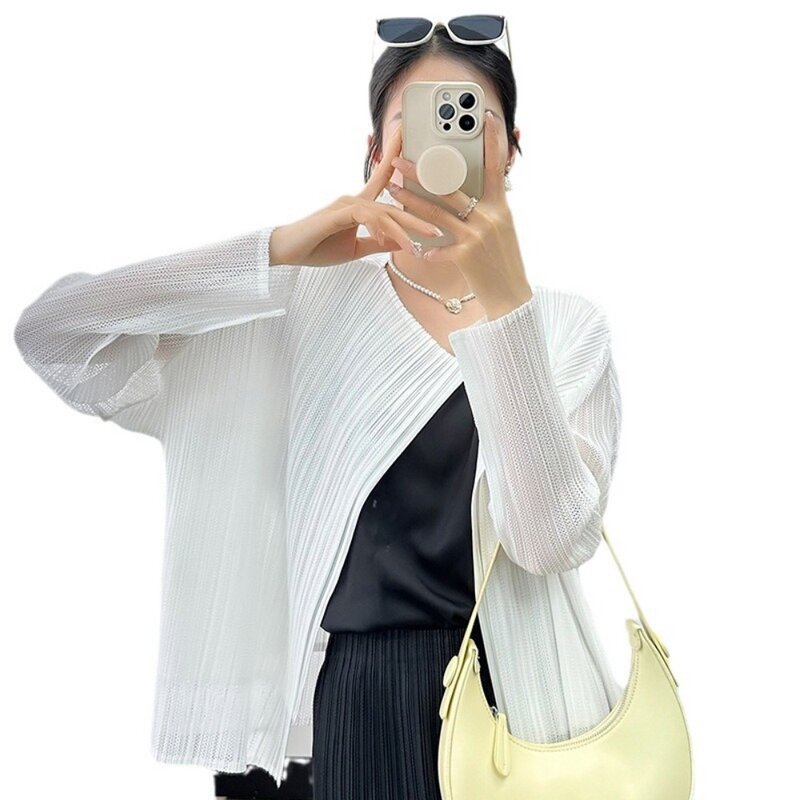 Miyake 2024 Summer Long Sleeve POLO Collar Blouse Jacket Women New Solid Color Pleated Sunscreen Clothing Simple Loose Plus Size