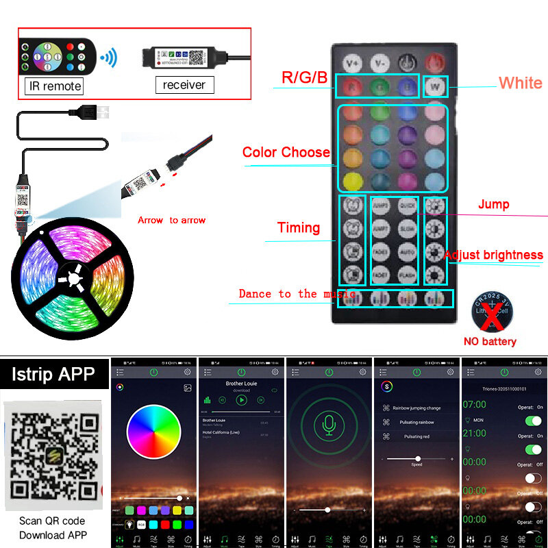Bande lumineuse flexible à LED, Bluetooth 5050, 1m-30m, ruban d'éclairage RGB, WIFI, USB, contrôleur IR