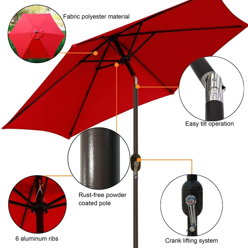 Guarda-chuva vermelho do pátio, botão, manivela inclinada, 7,5 pés