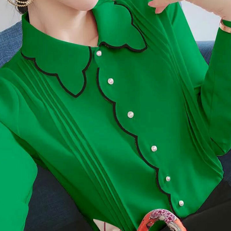 เสื้อชีฟองผู้หญิงฤดูใบไม้ร่วงฤดูหนาวใหม่บางยาวแขนเสื้อแฟชั่นหลวมเสื้อโปโลแบบเดี่ยวขนาดใหญ่ Office Lady top