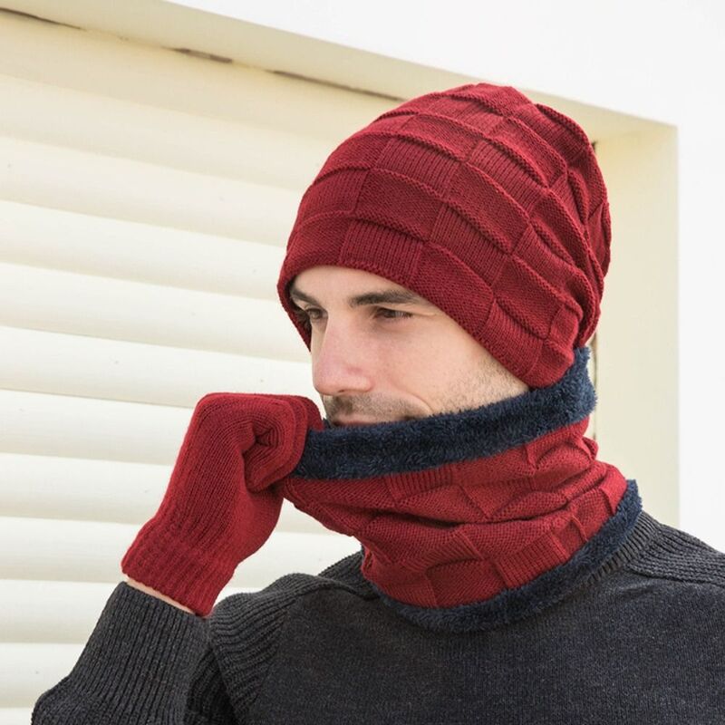 Comfortable Casual Fashion Elastic Winter Man Beanies Knitted Cap Gloves Man Scarf Gloves Neck Suit
