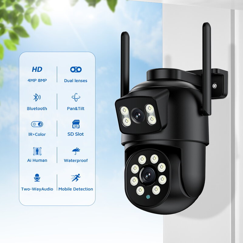PANEPO-PTZ Câmera de vigilância CCTV ao ar livre Dual Lens Dual Screen, Auto Tracking, 4MP HD, WiFi, Zoom Digital 4X, 8MP, iCSee