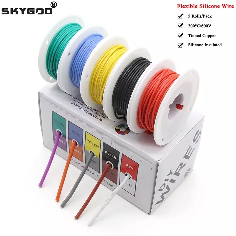 (5 colori Mix Kit) filo di Silicone flessibile resistente al calore 30/28/26/24/22/20/18/16AWG cavo a trefoli cavi elettrici in rame stagnato