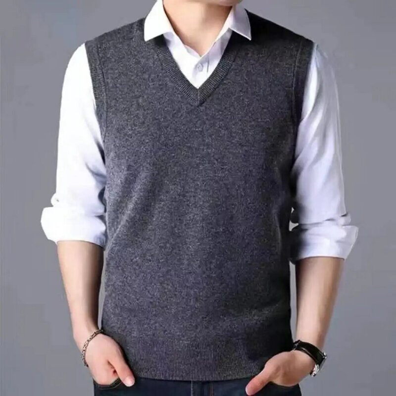 Solid Color Sleeveless Vest Versatile Mid-aged Men's V-neck Knitted Sweater Vest Slim Fit Sleeveless Pullover with Ribbed Cuffs