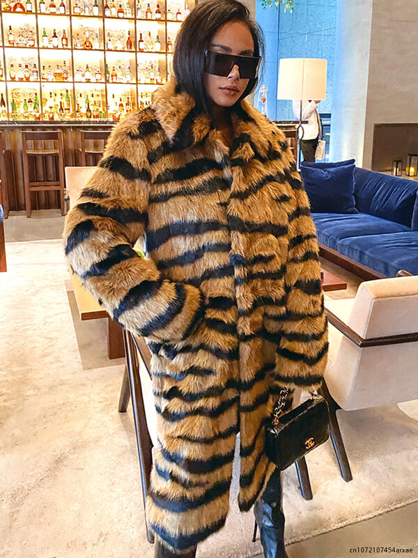Luxury Fur Imitation Fur Coat Women Fashion Tiger Striped Casual Long Coats Winter High Street Warm Loose Straight Jackets Teddy