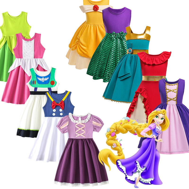 Disney princesa sereia feminino Vestido, Ariel, Rapunzel, Mickey, Minnie, Belle Costumes, Birthday Party, Holiday Clothes, Verão