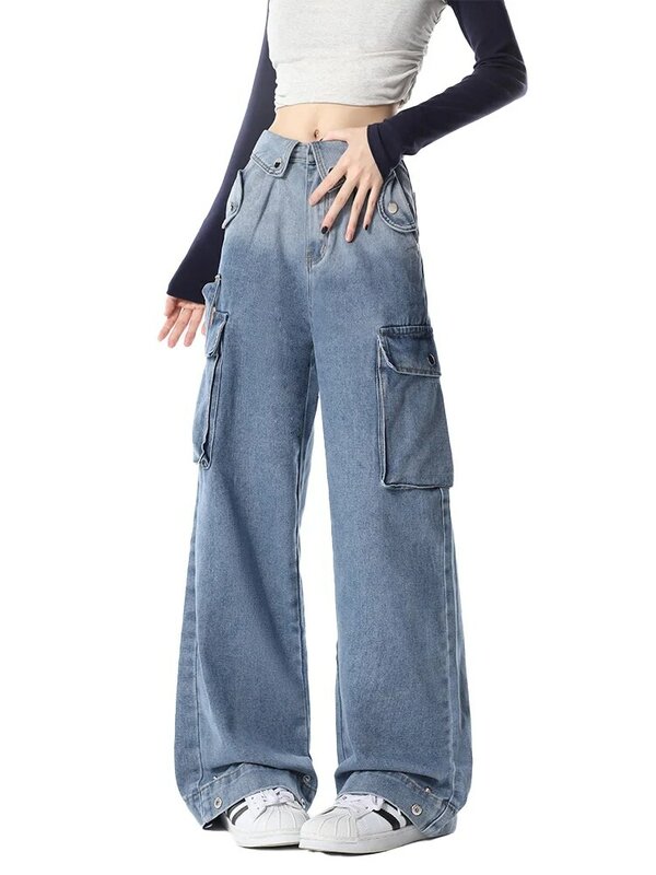 Pantalones vaqueros Cargo para mujer, ropa de calle americana, estilo Y2K, Color degradado, diseño de cintura abatible, pierna ancha, cómodos, combinan con todo