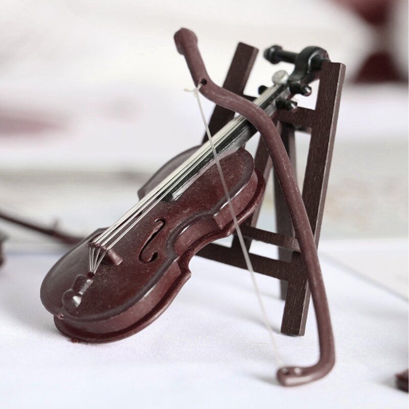 Mini ornamento para violines en miniatura, modelo con soporte para estuche, casa muñecas, decoración escritorio para hogar, instrumento Musical