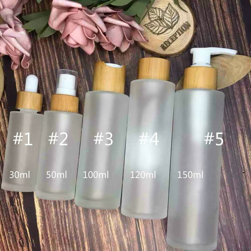Groothandel Frosted Clear Glas Haar Olie Fles Lotion Pomp Serum Reizen Opslag Dropper Container Huidverzorging Verpakking Bamboe Deksel