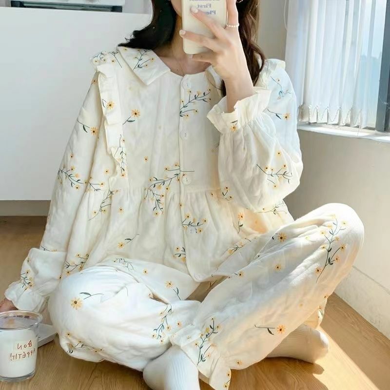 Pijama de algodão grosso, solto e ajustável, tamanho grande, roupas de casa, japonês, fresco, outono, inverno