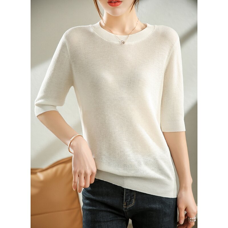 Round Neck All-Match Mid-Sleeve Top Women's 2022 Summer Simple Solid Color Five-Point Sleeve Worsted Knitted Bottoming Sweater