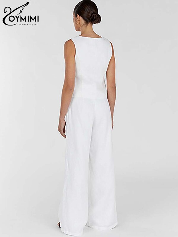 Oymimi-Ensemble 2 Pièces Blanc pour Femme, Streetwear Élégant, Bouton en Fibre, Précieux, Taille Haute, Simple