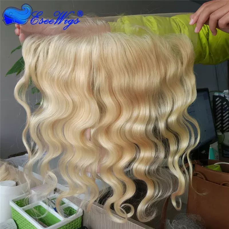 Eseewigs Blonde 613 13X4 Renda Frontal Tubuh Gelombang Peru Remy Rambut Transparan Renda Frontal Penutupan Rambut Bayi Dikelantang knot