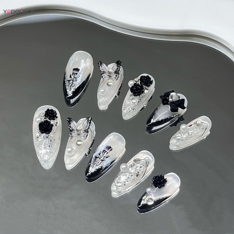 Biały balet sztuczny paznokieć ręcznie robiony czarny francuski styl na paznokciach kwiat róży motyl wzór kokardki do noszenia fałszywy do paznokci tipsów