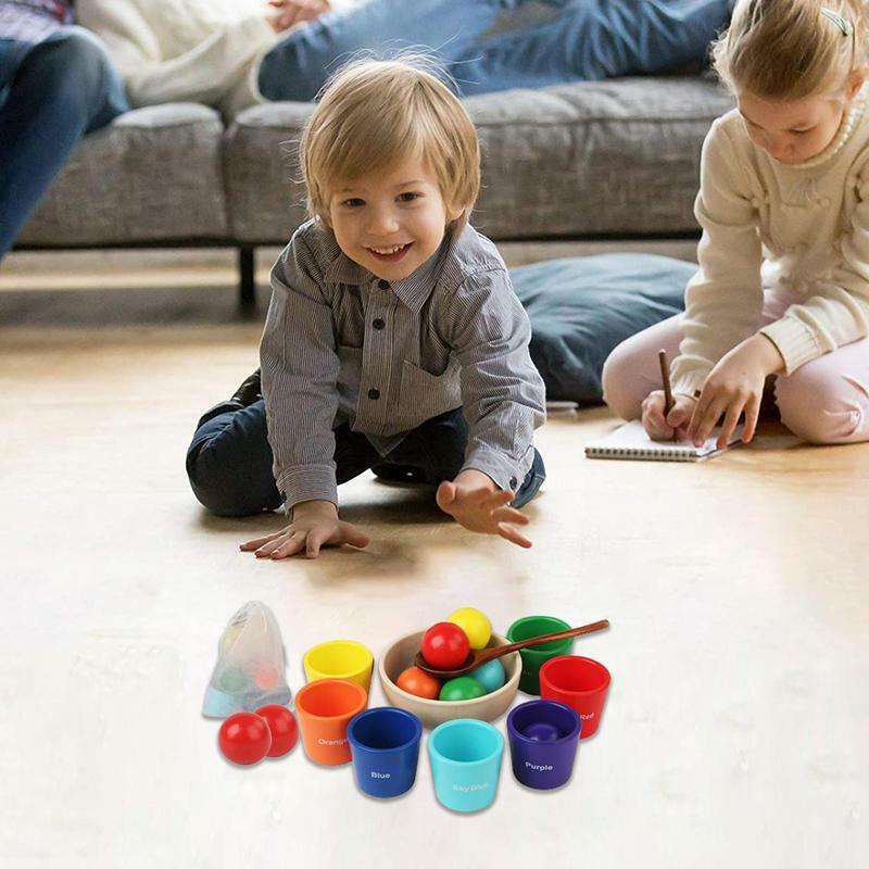 Juguete Montessori de bolas en tazas, juguete de clasificación de colores seguro e inodoro, juguetes de desarrollo temprano y actividad con bolsa organizadora para