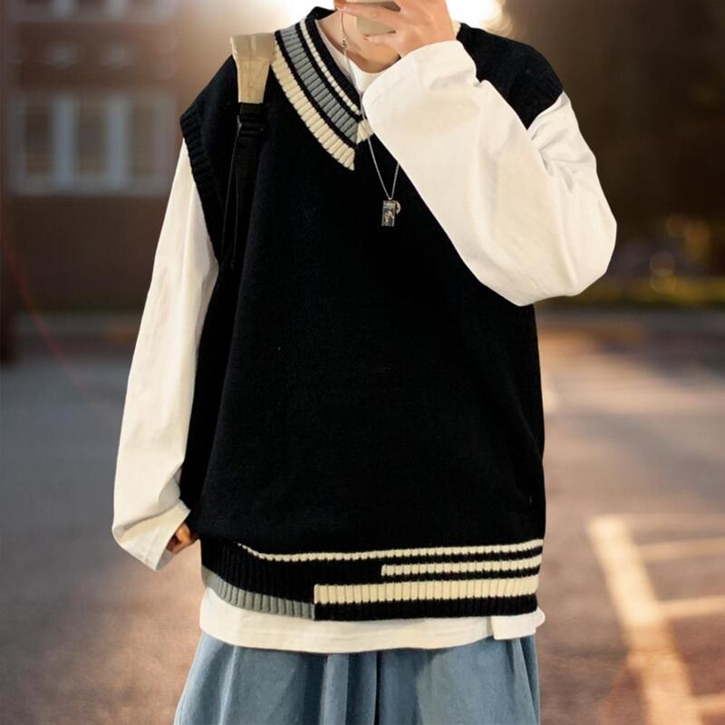 Уличная одежда, мужской жилет, свитер в стиле Харадзюку, мужской свитер в полоску с V-образным вырезом, пуловер, Осенний студенческий весенний свитер, свитер оверсайз