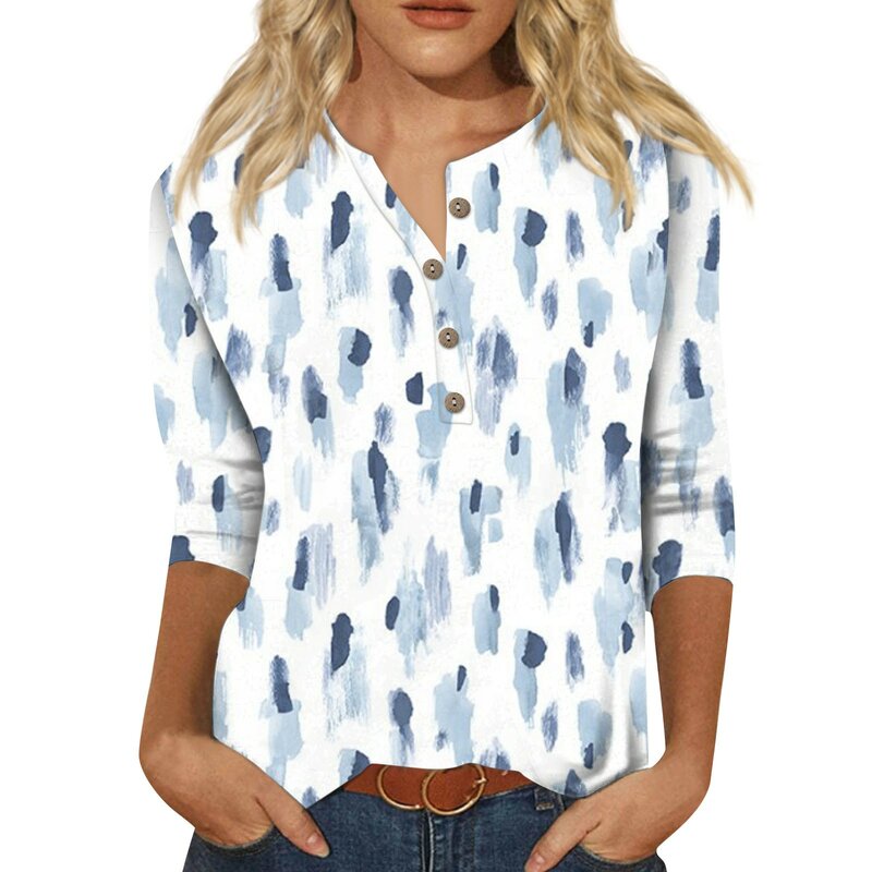 Blusa elegante con estampado de plantas para mujer, ropa con cuello en V y botones, mangas 3/4, de lujo, para verano