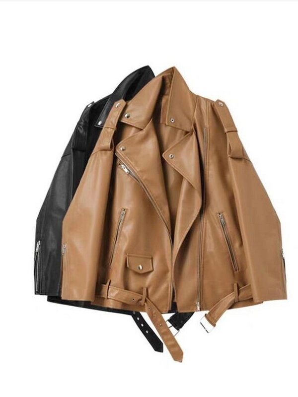 Jaket Kulit Imitasi Kerah Setelan Multi Gaya VXO Mantel Kulit Longgar Wanita Pakaian Luar Kulit Sepeda Motor Bahu Terbuka