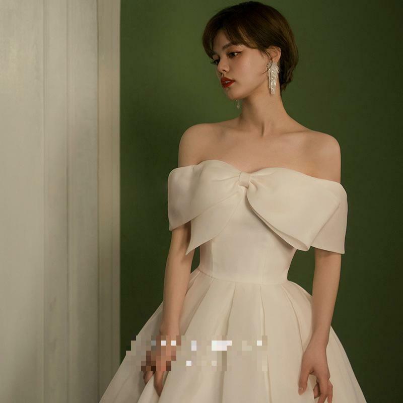 Gaun pengantin wanita, gaun pesta pernikahan 2024 elegan manis bahu terbuka dengan pita sederhana berenda kustom
