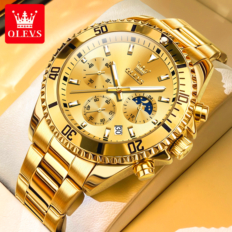 OLEVS-Relógio de aço inoxidável impermeável masculino, relógio de pulso masculino, pulseira dourada, quartzo, impermeável, lua fase, calendário, marca original