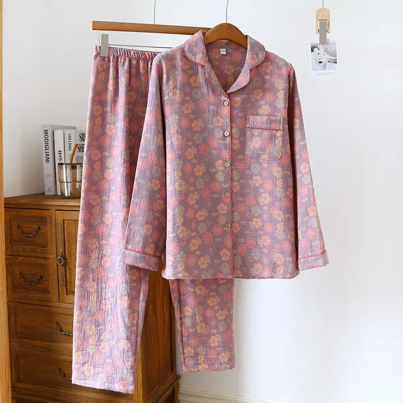 Пижамный костюм с хлопковыми брюками для женщин, Свободная Домашняя одежда на весну и осень с длинными рукавами, жаккардовая Хлопковая женская пижама для женщин