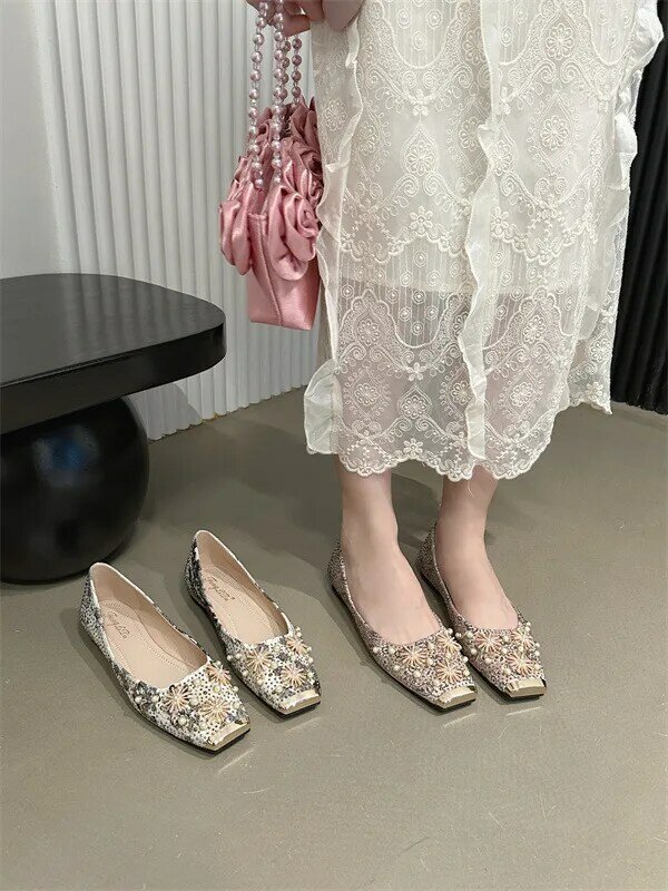 Zapatos de punta cuadrada con diamantes de imitación para mujer, suela plana suave, zapatos de calabaza de noche, fragante estilo pequeño, nuevo