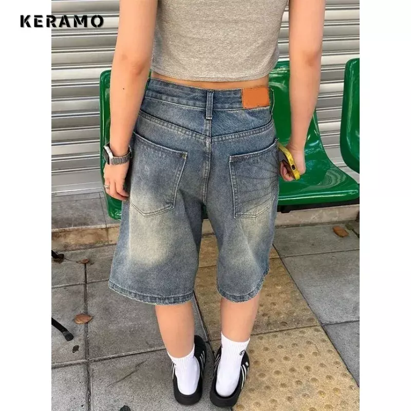 Short en jean de style Harajuku pour femme, short en denim décontracté, jambe large, poches punk, esthétique vintage, Y2K, été 2024
