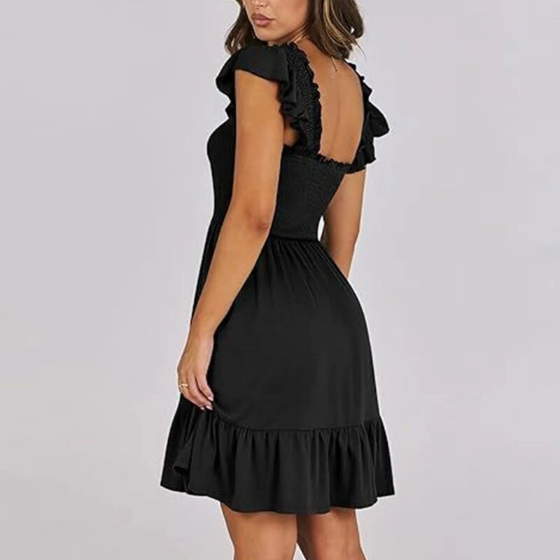 Mini-vestido de espartilho preto elegante feminino, sem mangas, gola quadrada, plissado, sem encosto, boho, curto, casual, verão