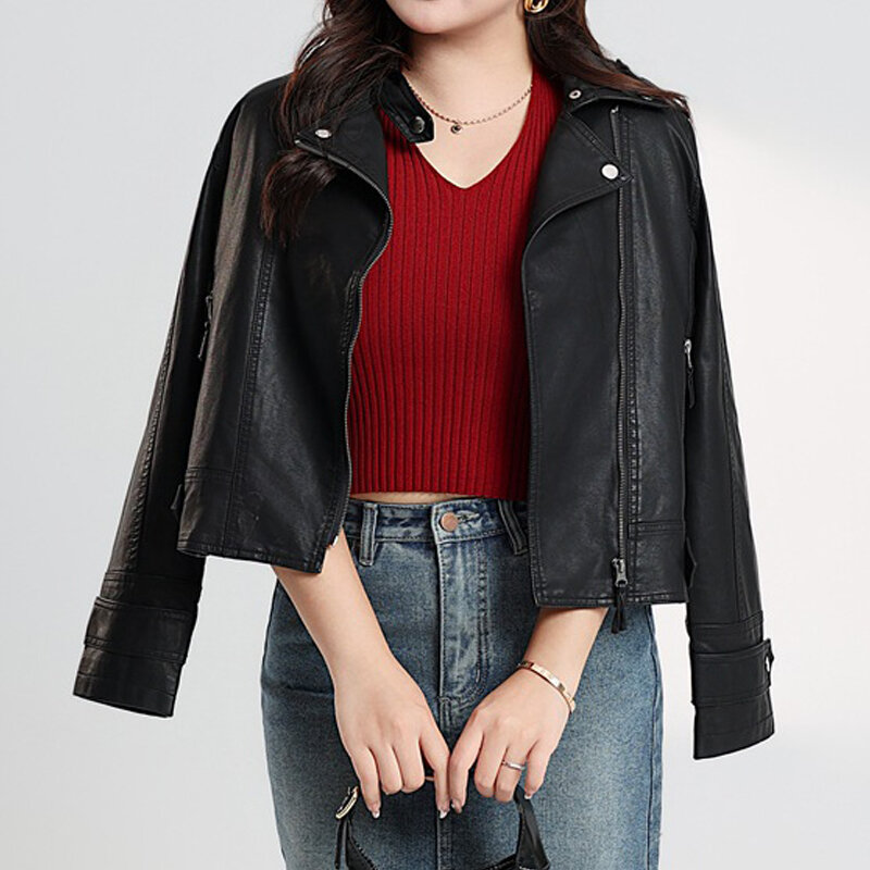 플러스 사이즈 여성 블랙 오토바이 재킷, 모조 양 PU 가죽 코트, 유러피언 스타일 스타, 멋진 슬림, 패스트 패션