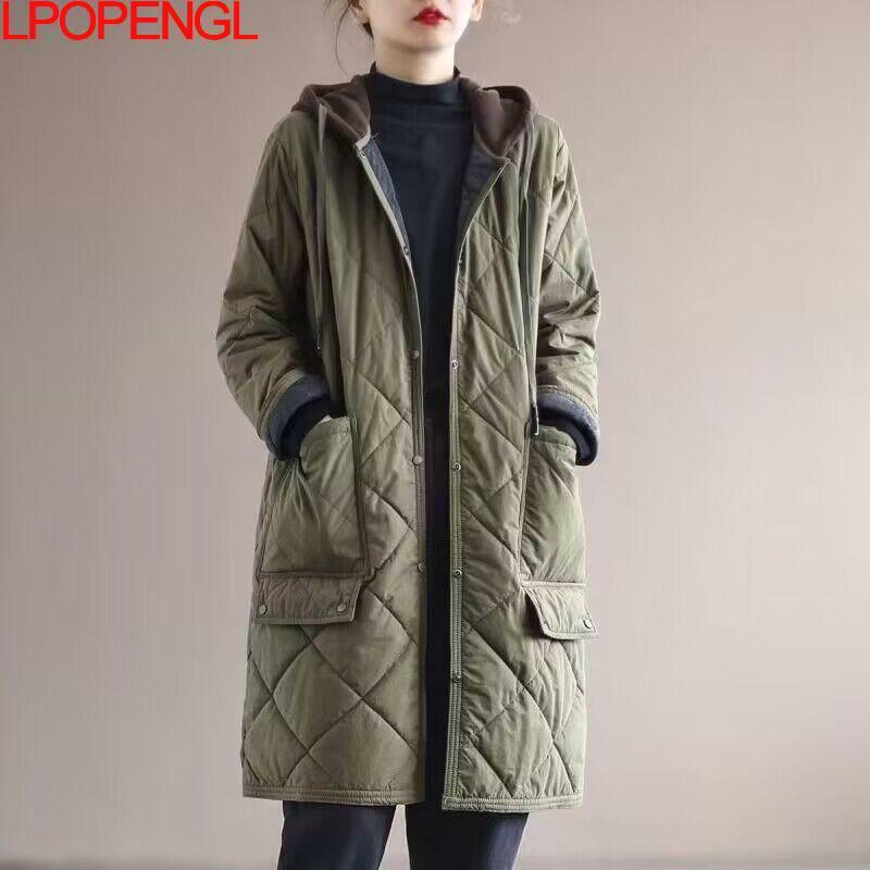 Jaket wanita katun pinggang lebar, mantel tebal model jalanan Musim Dingin bertudung longgar setengah panjang 2023