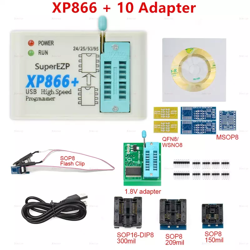 Programador spi usb xp866 + 12 adaptador, suporte 24, 25, 93, 95, Bios flash eeprom para Windows 2000, XP, Vista, 7, 8, 10, custo acessível
