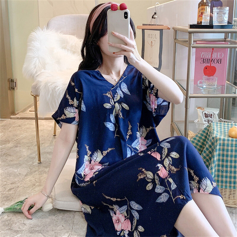 Casual V-neck Pijama Women Summer Thin Nightdress Short-sleeved Breathable Sleepwear Large Size Loose Printed Nightgown Homewear