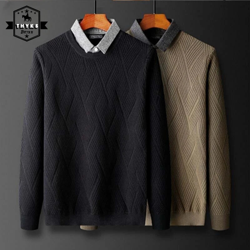 Men's Solid Color Pullovers Retro Simple Business Casual Shirt Collar Knitted Sweater Male Korean Streetwear Slim Fit Sweaters