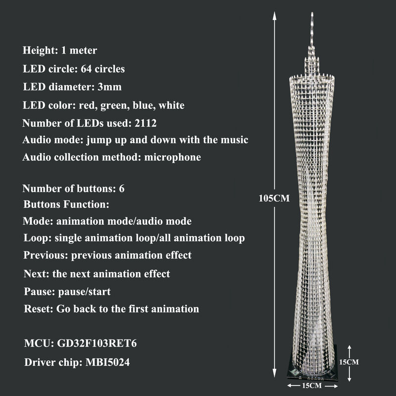 iCubeSmart Led Canton Tower Model Diy Elektronische Kit, Led Model Handgemaakte Solderen Project Kit, 64 Led Cirkels, hoogte 1 Meter.