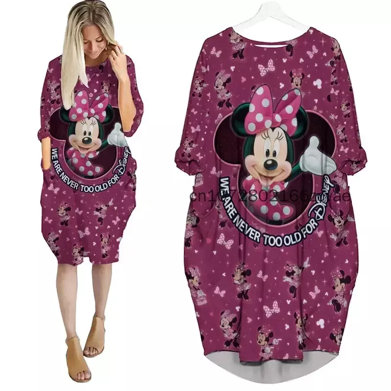 Minnie Mouse Oversize długie rękawy sukienka z kieszeniami Disney Cartoon Batwing sukienka z kieszeniami moda damska wszechstronna luźna sukienka imprezowa