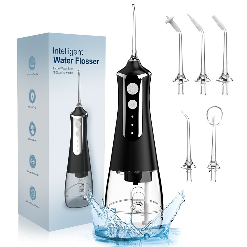 Dental Oral Irrigador Água Flosser, Thread Teeth Pick, Máquina de lavar a boca, 5 bicos, 3 modos, USB recarregável, 300ml Tanque
