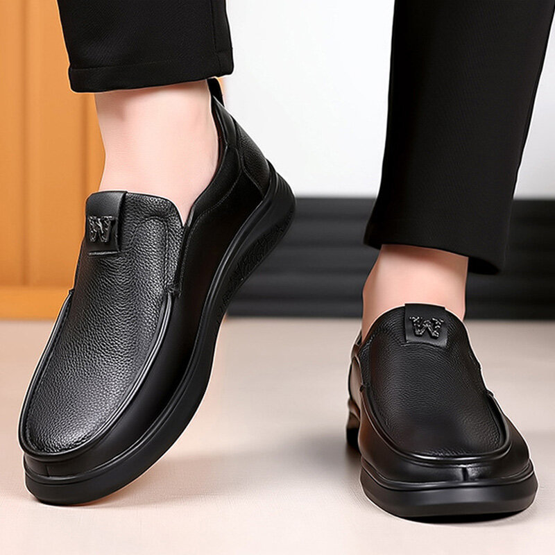 Zapatos de cuero genuino para hombre, mocasines formales sin cordones, informales, de negocios, de lujo, color negro
