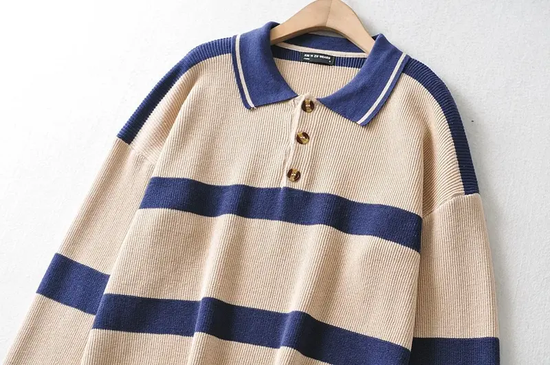 Suéter Vintage de manga larga para mujer, jerseys holgados con cuello vuelto, moda informal a rayas, otoño e invierno, 2023