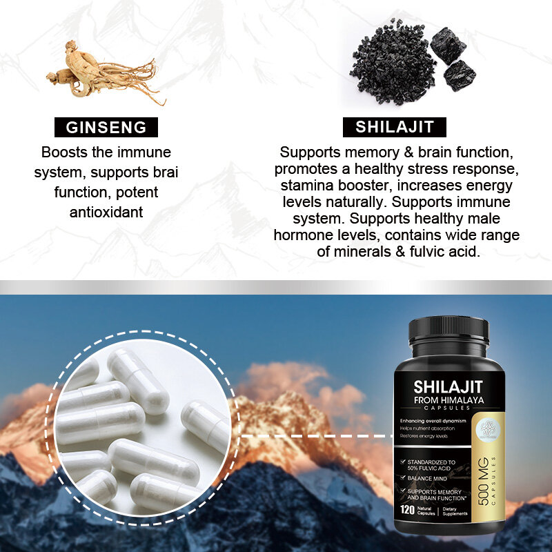 Golden Pure Himalayan Shilajit Supplément avec Ginseng et Humique, 50% Acide Fulvique, 85 + Trace Minorganisateur Complexe pour le Cerveau et l'Énergie
