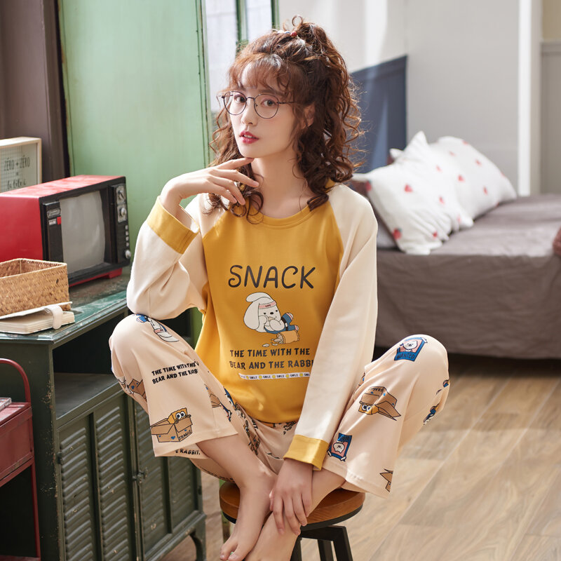 2022 New Fashion Koreaanse Vrouwen Nachtkleding Pak 2 Stuks Set Lange Slaap Tops Broek Pyjama Set Thuis Kleding Katoen lente Kleding