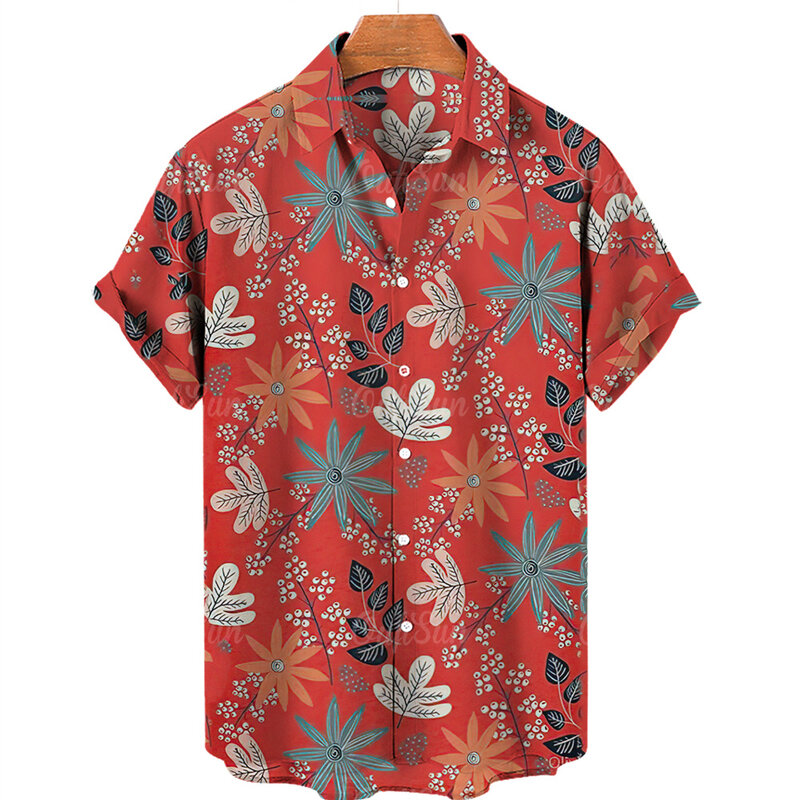 남성용 꽃무늬 셔츠, 트로픽 리프 3D 프린트 셔츠, 남성 패션, 하와이 셔츠, 캐주얼 비치 반팔 블라우스, 남성 라펠 셔츠, 소년
